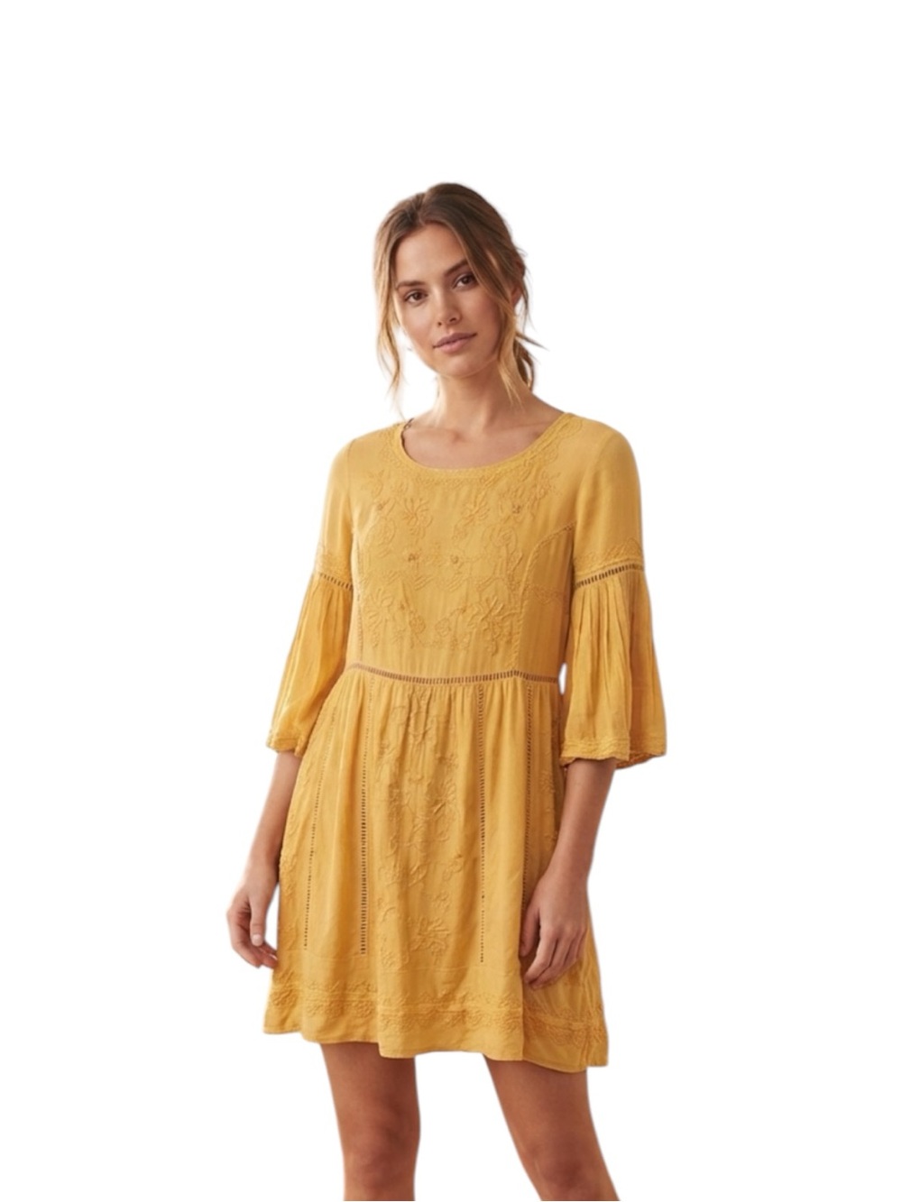 Akemi & Kin Anthropologie Sunlit Embroidered Mustard Mini Dress Size S